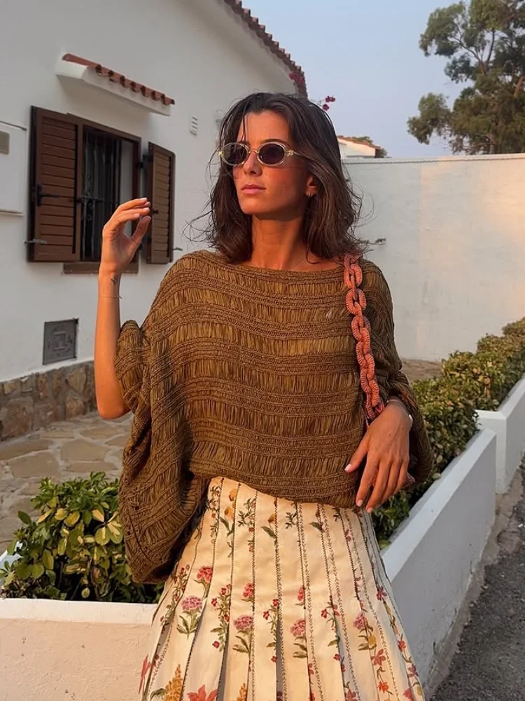 

Women Brown Knitted Pullover Fashion Loose Round Neck Full Sleeve Sweaters 2025 Autumn Solid Casual Streetwear Lady Sweater