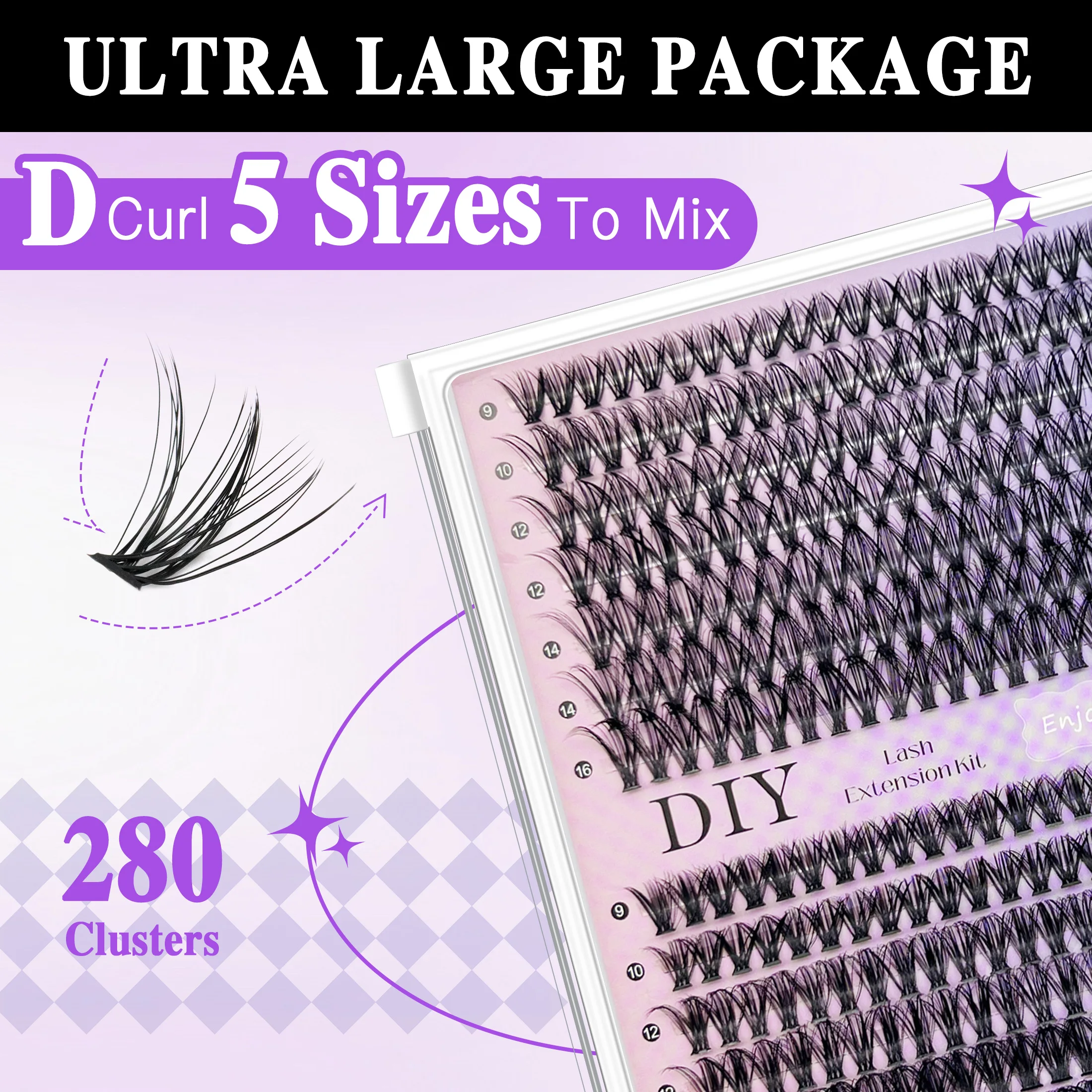 DIY Eyelash Extensions Kit  280pcs D Curl Wispy Fluffy Lash Clusters, False Eyelashes Set with glue makeup tools & accessories