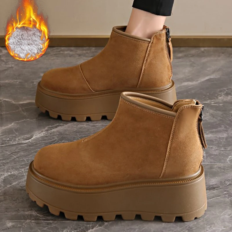 Winter Women Snow Boots Furry Suede Platform Shoes Soft Keep Warm Plush Casual Ankle Boots Female Outdoor Fluffy Zipper Shoes