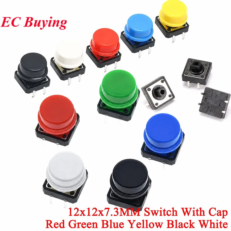 10pcs/lot Tactile Push Button Switch Momentary 12*12*7.3MM Micro Switch Button for Arduino Switch 10pcs Tact Cap + 10pcs Switch
