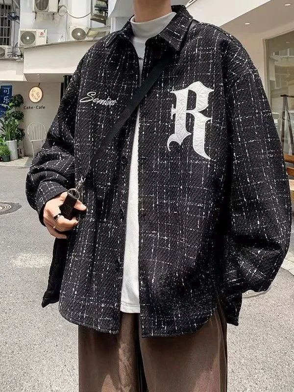

Loose Fit Men's Long Sve Embroidered irt Vintage Plaid Design Street Sle Hip Hop High Street Faion Outerwear Jaet
