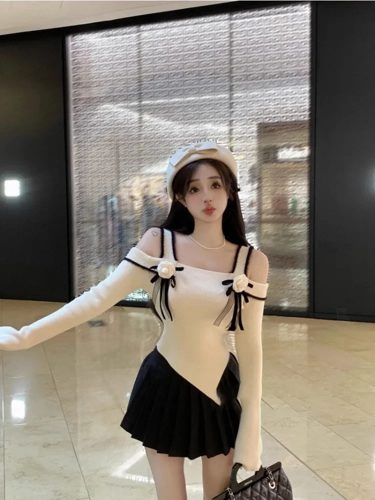 

Pure Slash Neck 3d Flower Irregular Sweater Women Sexy Long Sleeve Strap Knit Crop Top Spring Sweet Slim Y2k Pullover