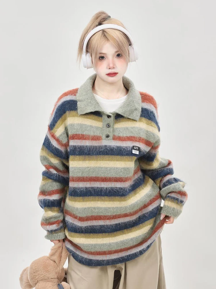 Zoki Y2K Streetwear Retro Striped Sweater Women Harajuku Oversize Bf Knitted Tops Japan Preppy Style Turn Down Collar Jumper New