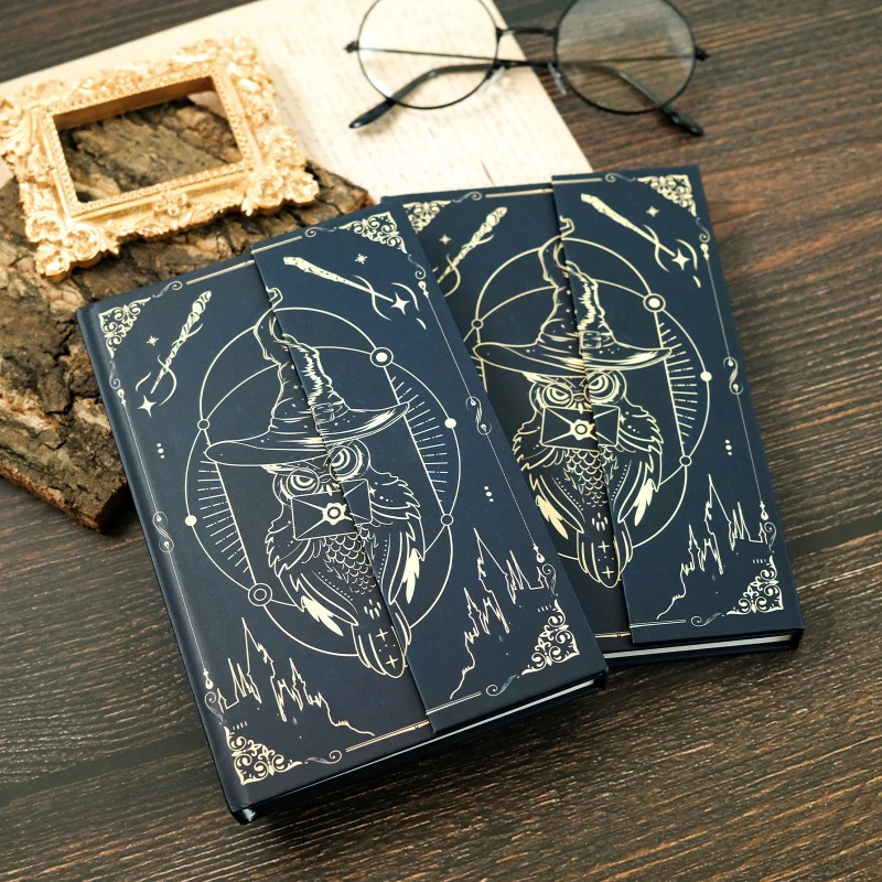 Wizard Hat Owl Theme Hard Shell Notebook Creative Magnetic Notepad Student Journal Diary Small Blue Book