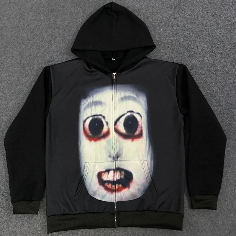 الخريف الشتاء اليابانية مضحك هالوين القوطية طويلة الأكمام البلوز 2000s الكتابة على الجدران كشر طباعة الاتجاه الشرير شارع العليا هوديس #3