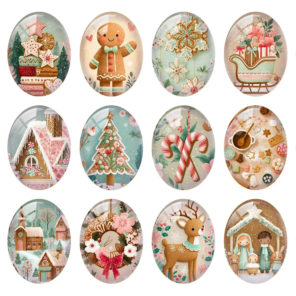 Random Mixed Round/Oval/Square Gingerbread Man Cookies Christmas Photo Glass Cabochon Flatback Demo Cameo For Diy Jewelry Making