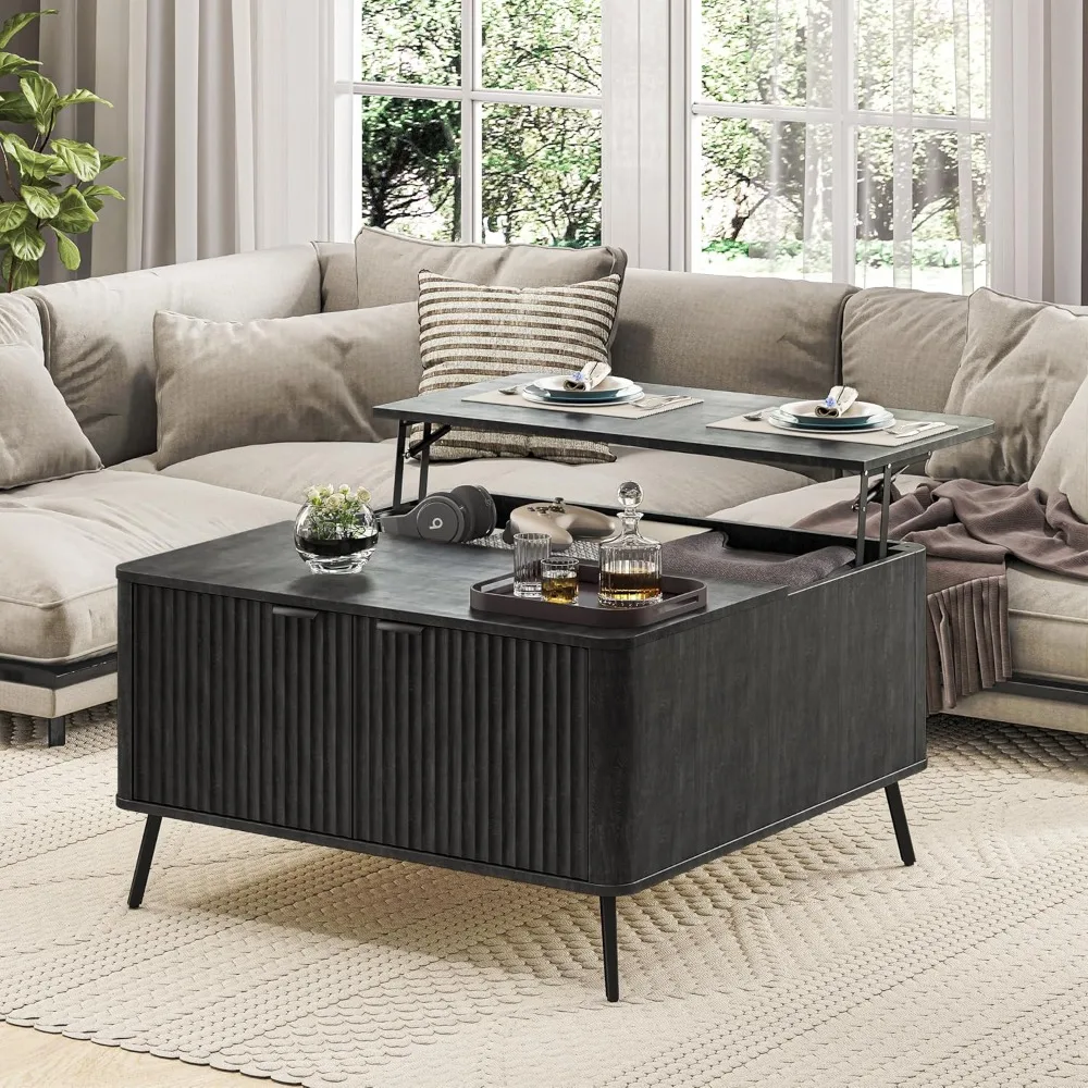 Lift Top Coffee Tables, 35.4" Square Coffee Tables with Storage, Modern Fluted Center Table with Hidden Storage Compartment