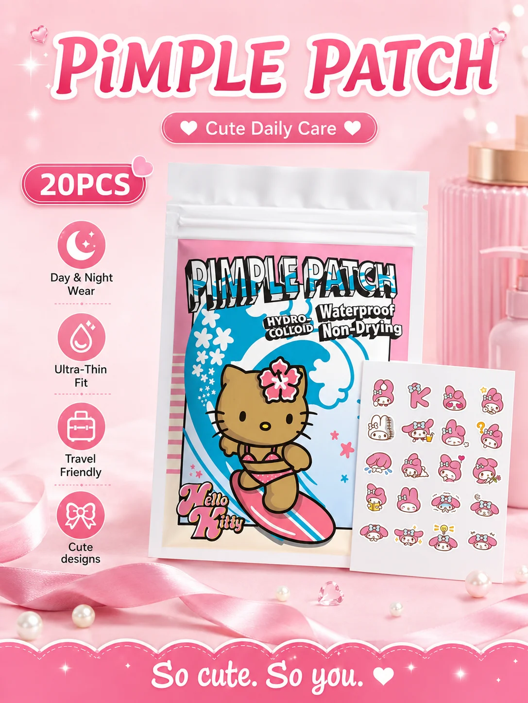 Sanrio Acne Pimple Patches, Hydrocolloid Spot Cover Stickers, Cute Face Care Patches for Daily Use