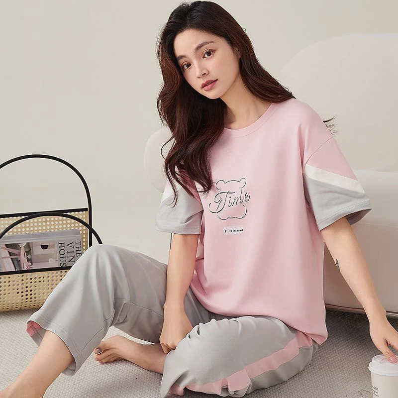 

2025 Summer Short Sleeve Long Pants 100% Cotton Pajama Sets for Women Korean Cute Sleepwear Homewear Pijama Mujer Home Clothes