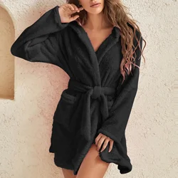 Soid Color Warm Winter Robes for Ladies 2022 Plush Pajamas Robes with Belt Women Hooded Homewear Bathrobe Sleepwear Women