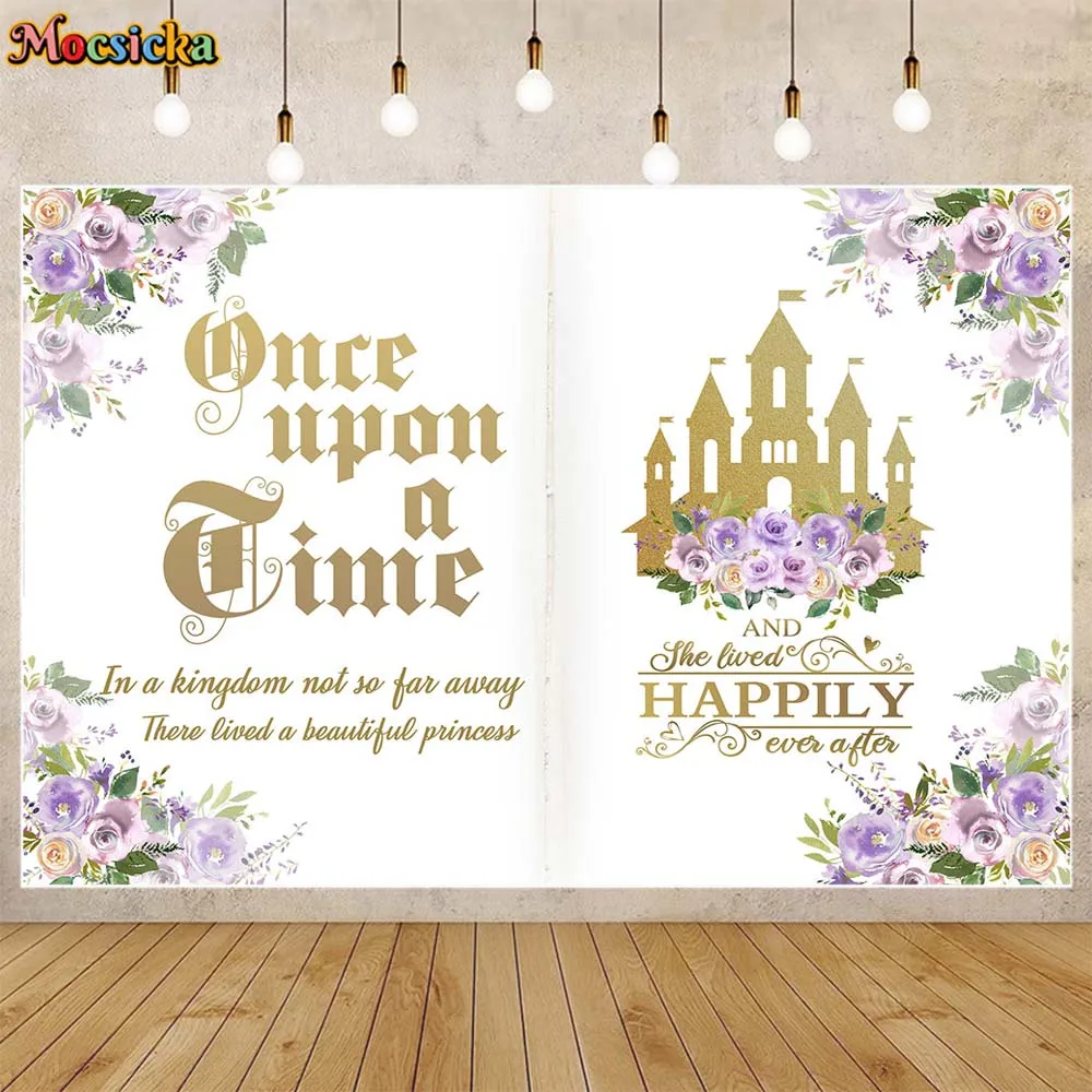 

Mocsicka Magic Book Baby Shower Backdrop Golden Castle Girl Welcome Party Decoration She Lived Happy Ever After Photo Background