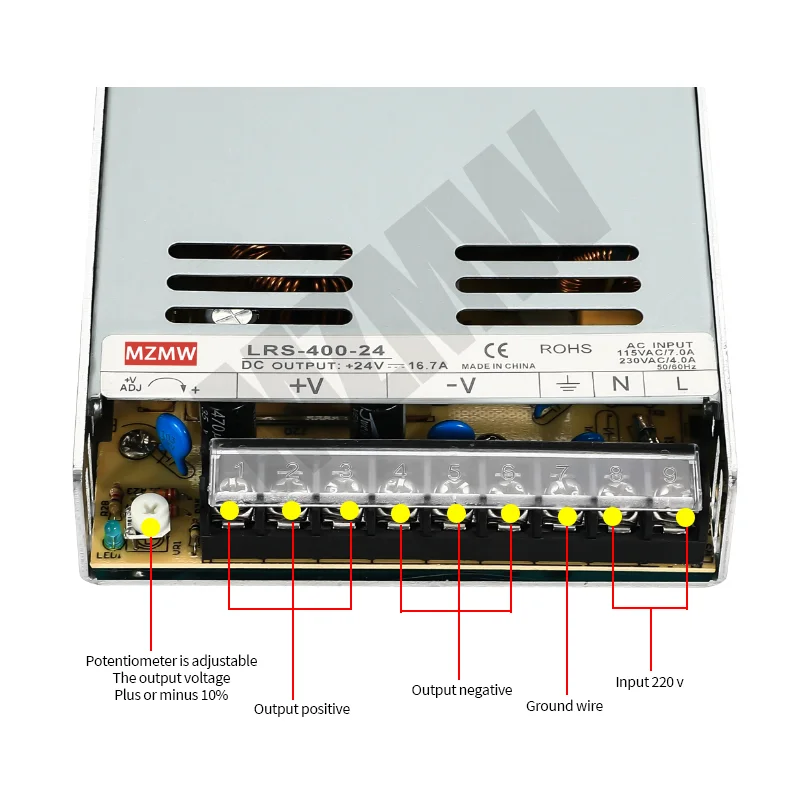 Imagem -03 - Fonte de Alimentação Comutada 350w 400w 110v 220v ac para dc 5v 12v 15v 18v 24v 36v 48v Saída Única Smps Lrs40024 Led Driver