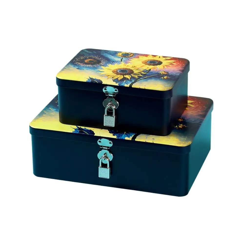 Durable Vintage Tinplate Box Large Capacity with Lock Key Desktop Storage Case Empty Box Household