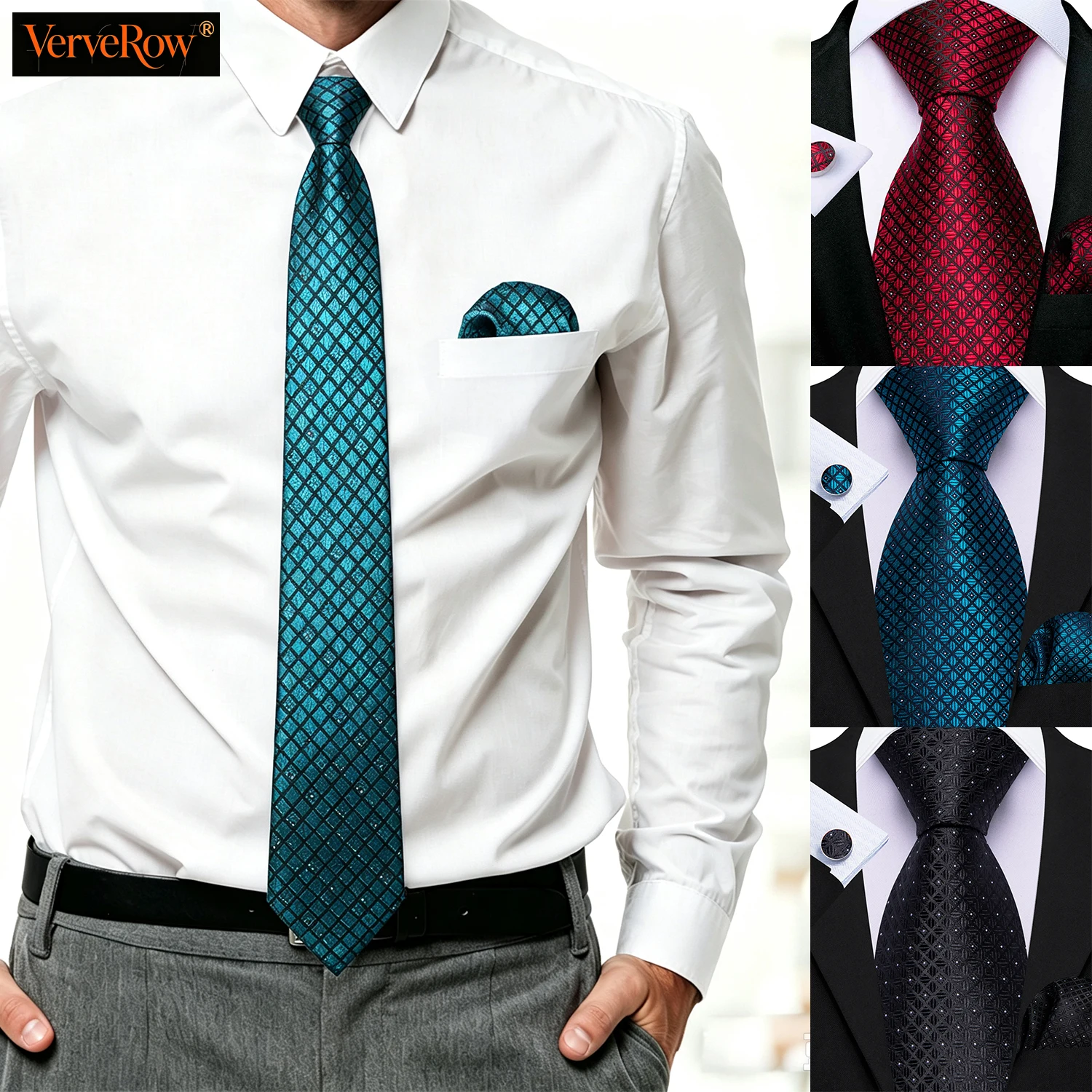 Diamond Plaid Men Tie Set Woven Necktie Pocket Square Cufflinks Checked Formal Suit Accessories for Wedding Business Party Gift