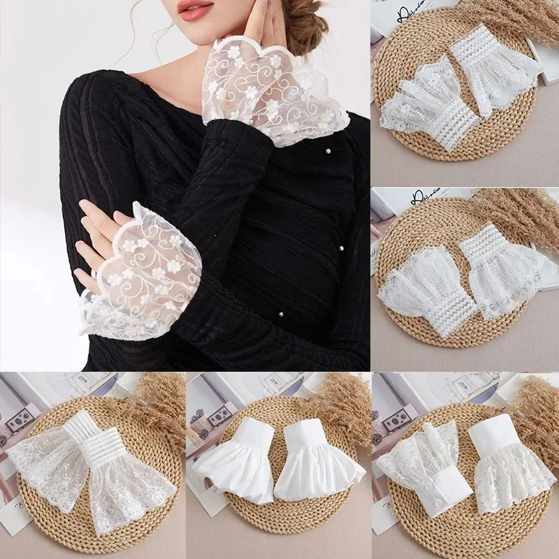 

Женские съемные манжеты с кружевом и цветочным узором, сетчатые накладные рукава, тонкие плиссированные оборки, декоративные накладные манжеты на запястье