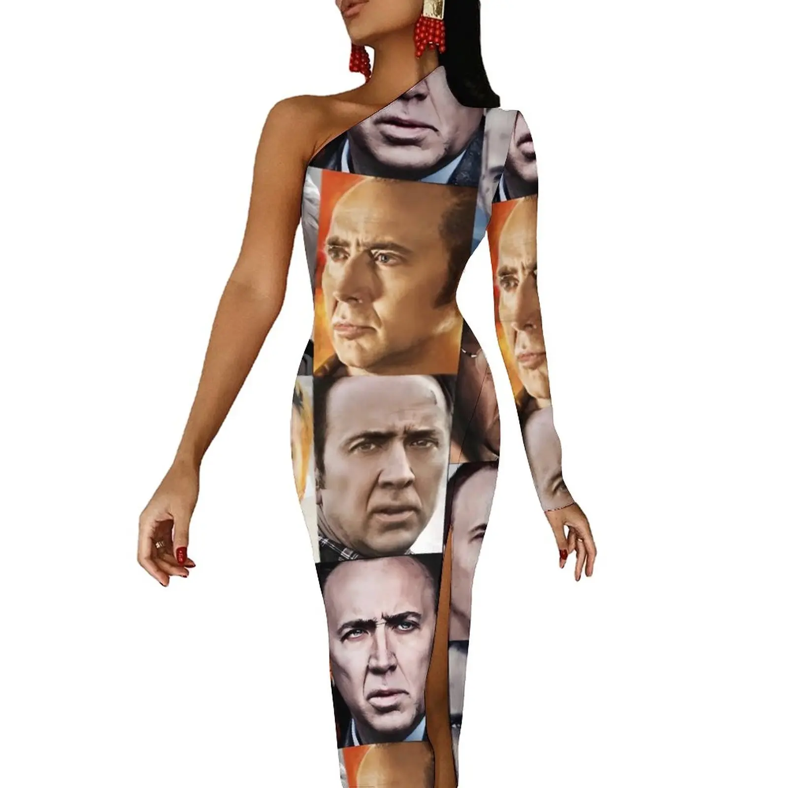 Nicholas Cage caras Vestido largo mujer Nick Cage Street Wear Maxi Vestido otoño Sexy ceñido al cuerpo vestidos con abertura lateral Vestido personalizado