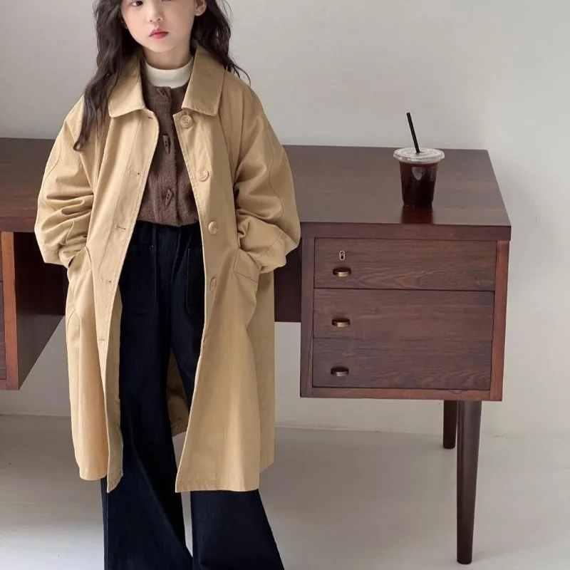 

Стильный плащ в британском стиле для девочек, весенне-осеннее новое длинное пальто для девочек-подростков, водонепроницаемая ветровка из смеси хлопка