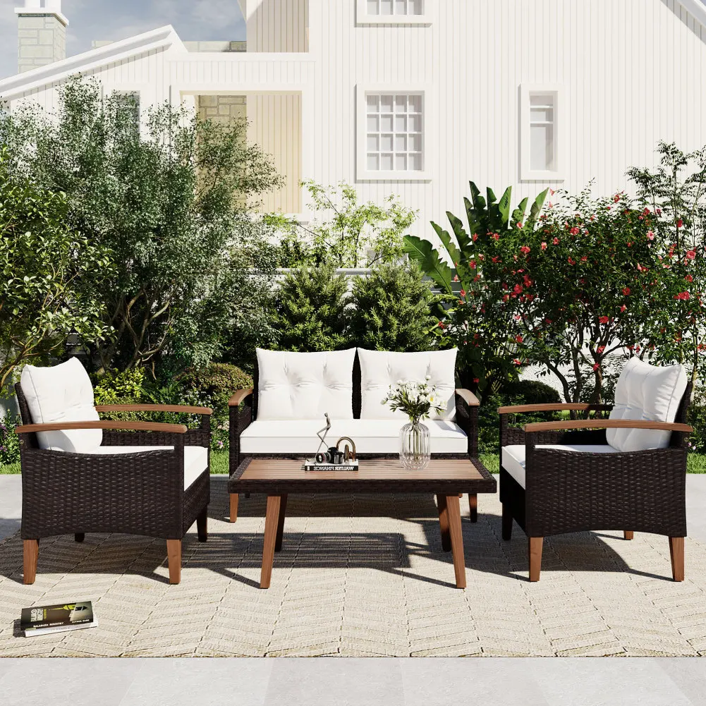 

4 Pieces Garden Furniture Patio Seating Set Outdoor Wicker Rattan Chairs With Soft Cushion Center Coffee Table