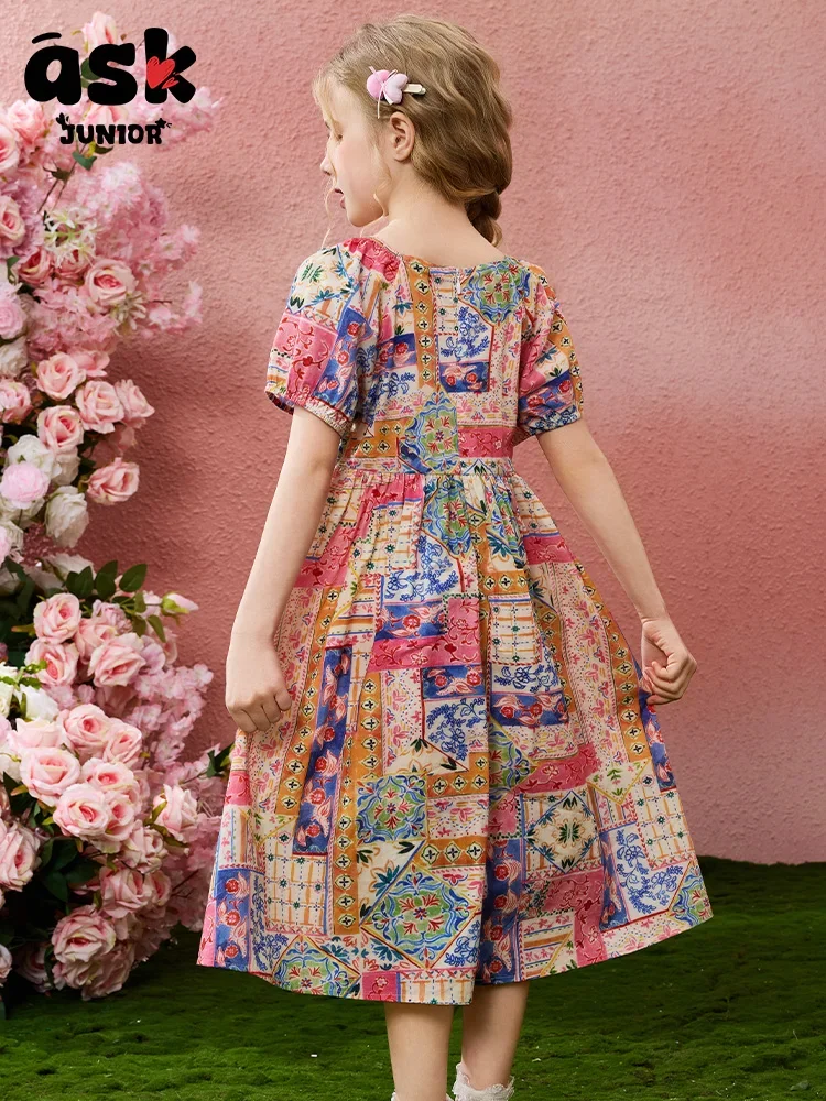 فستان صيفي للأميرات من ASK Junior Tween للفتيات قابل للتنفس بألوان متباينة وأكمام فقاعية #2