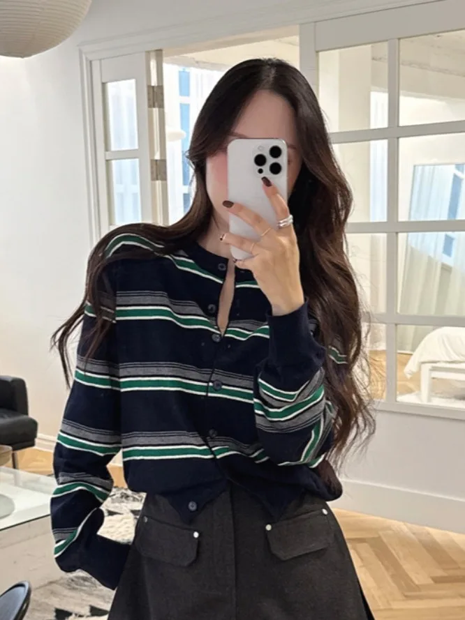Korean Style Striped Knitted Open Cardigan Women's Long Sleeve Top Color Block Soft Acrylic Blend Autumn Fashion Elegant