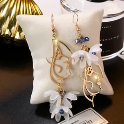 Korean Head Slim Earring Long Fashion Asymmetric Crystal Flower Ear Hook Earrings Female Jewerly Accessories for Women Gifts