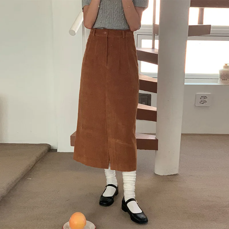 Vintage 100% Cotton Corduroy Skirst For Women Autumn And Winter High Wasit Hip Split Long Casual Straight Harajuku Flared Skirt