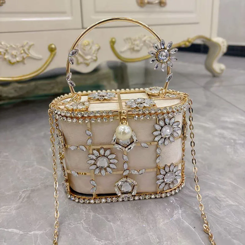 Metal Birdcage Hollow Vegetable Basket Bag Shiny Not Efficient Rhinestone Sun Flower Premium Portable Dinner Bag