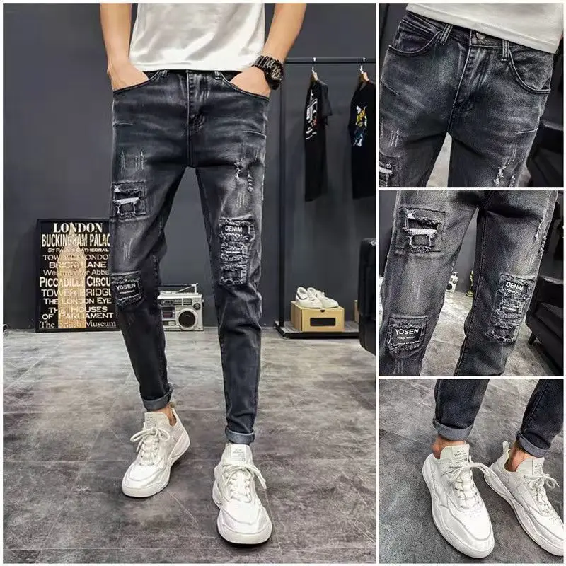 2025 New Social Slim Pencil Pants Pothole Ripped Jeans Men's Nine Points Korean Beggar Pants Leisure Spring Autumn Hip-hop Jeans