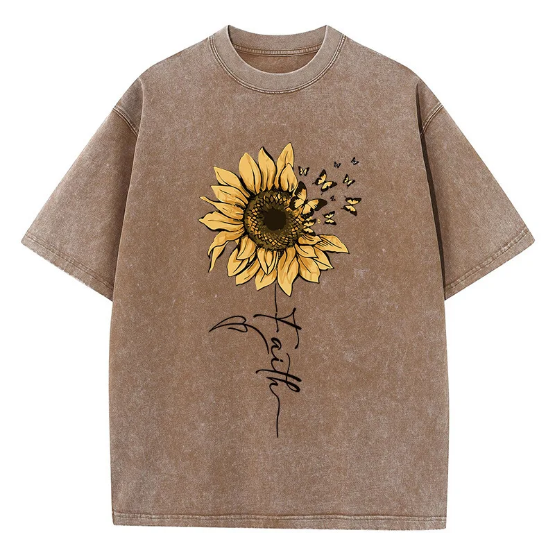 

Summer Sunflower And Butterfly Cotton Washed T-Shirt Women Prints Tops O-Neck Oversized T Shirts Vintage Black Woman Clothes