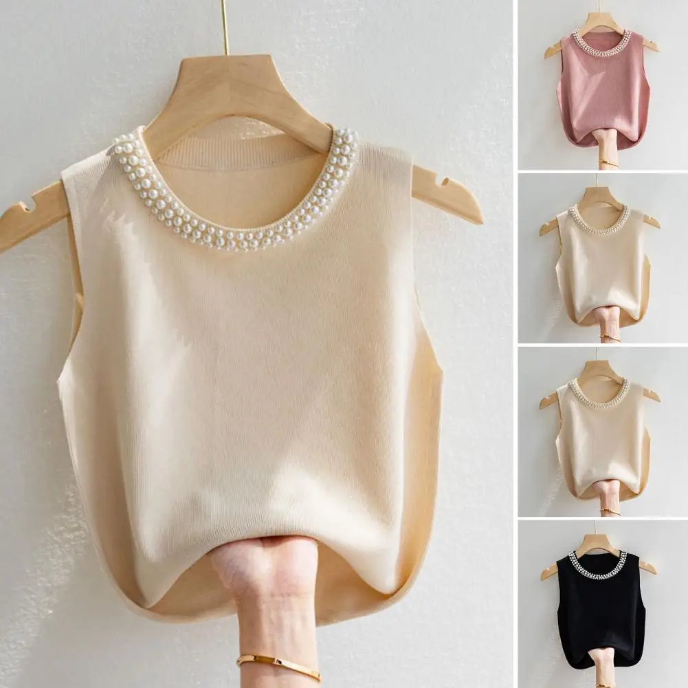 Women Vest Top Elegant Faux Pearl Knit Vest Comfortable Tank Top Stylish 3d Cut Loose Fit Blouse for Women Solid Color Blouse