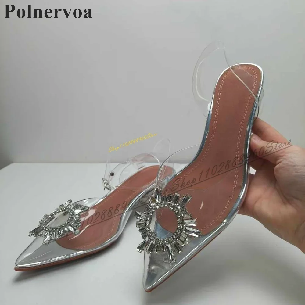 

Slingback Clear PVC Crystal Decoration Sandals Clear Heel Women Shoes Back Strap Pointed Toe 2024 Fashion Zapatos Para Mujere
