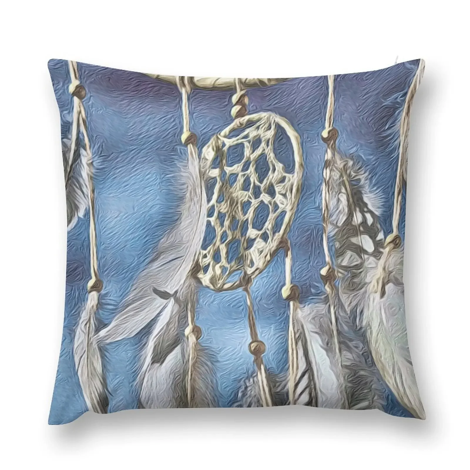 Dream Catcher: White Feather Warrior Across Sister Sky, Blue, White Leather, and Distressed Wood. Throw Pillow