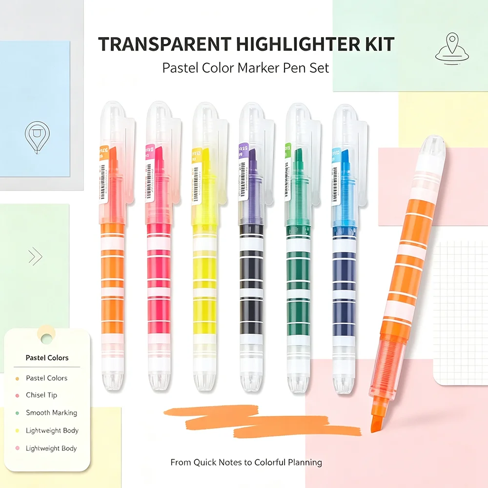 6Pcs Highlighter Pen Set Chisel Tip Large Capacity Automatic Ink Control Fluorescent Marker for School Office Taking Stationery