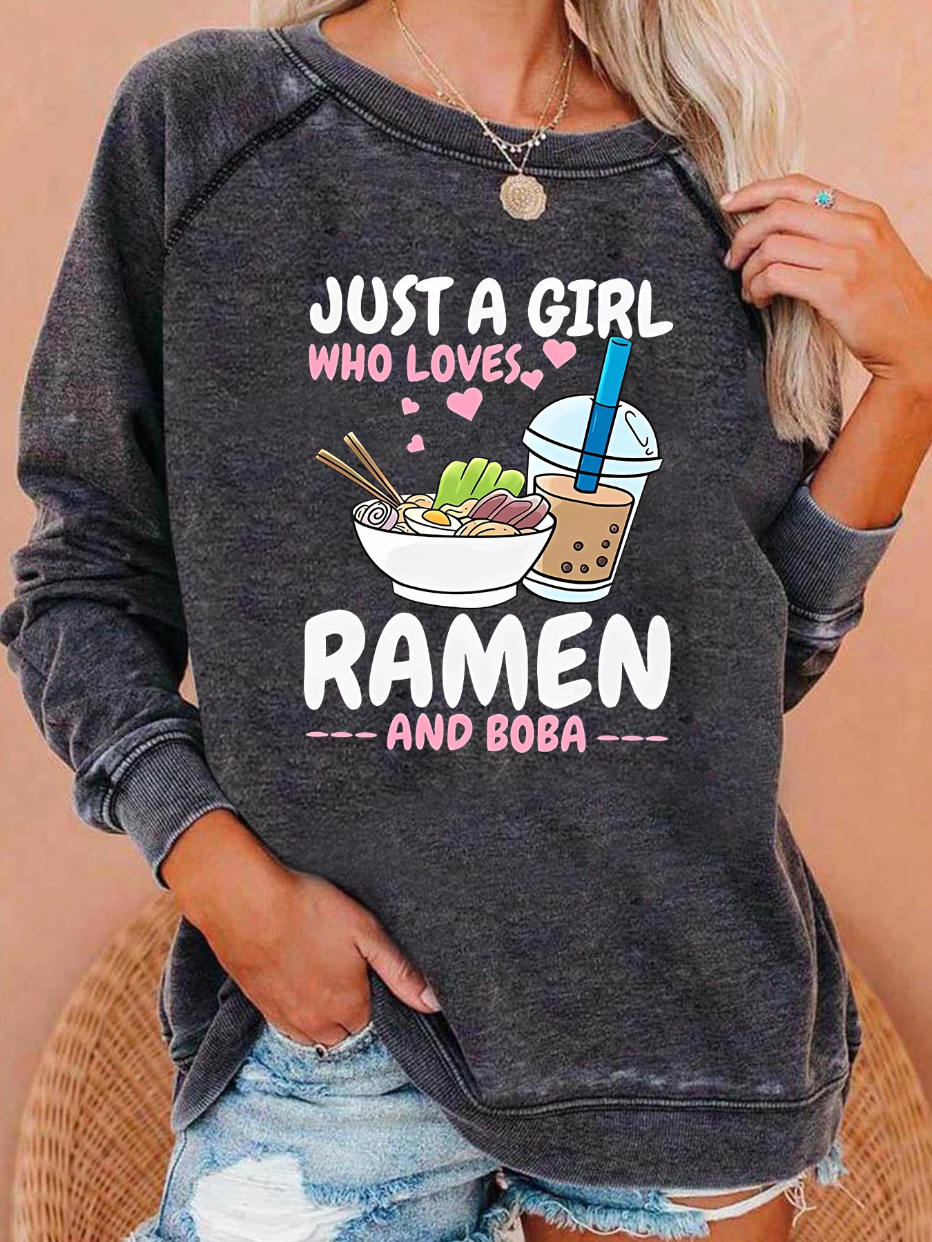 Just A Girl Who Loves Ramen and  Boba Print Women Sweatshirt Long Sleeve Casual Crew Neck Top Women Clothes for Fall & Winter