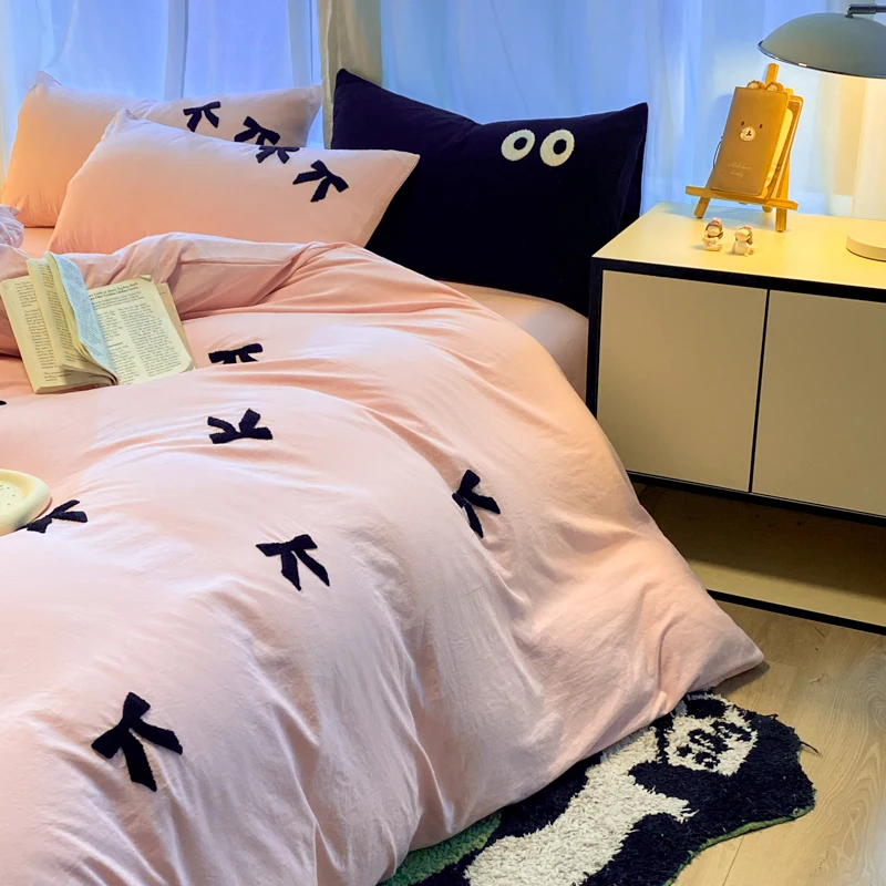 Ins Black Bowknot Bedding Set Pink Duvet Cover Flat Sheet Single Double Size Princess Bed Linen Girls Washed Cotton Quilt Cover