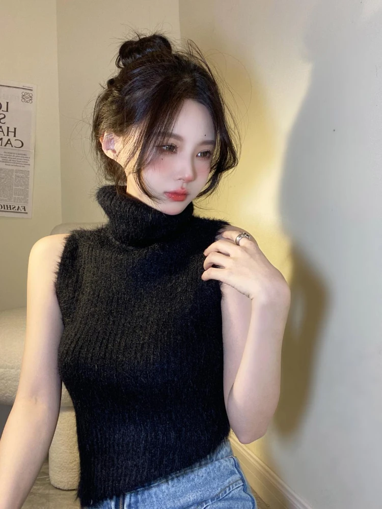 Fluffy Turtleneck Tanks Women Autumn Winter Sexy Knitted Crop Tops Fashion Hot Girls Holiday Streetwear Basic Sleeveless Clothes