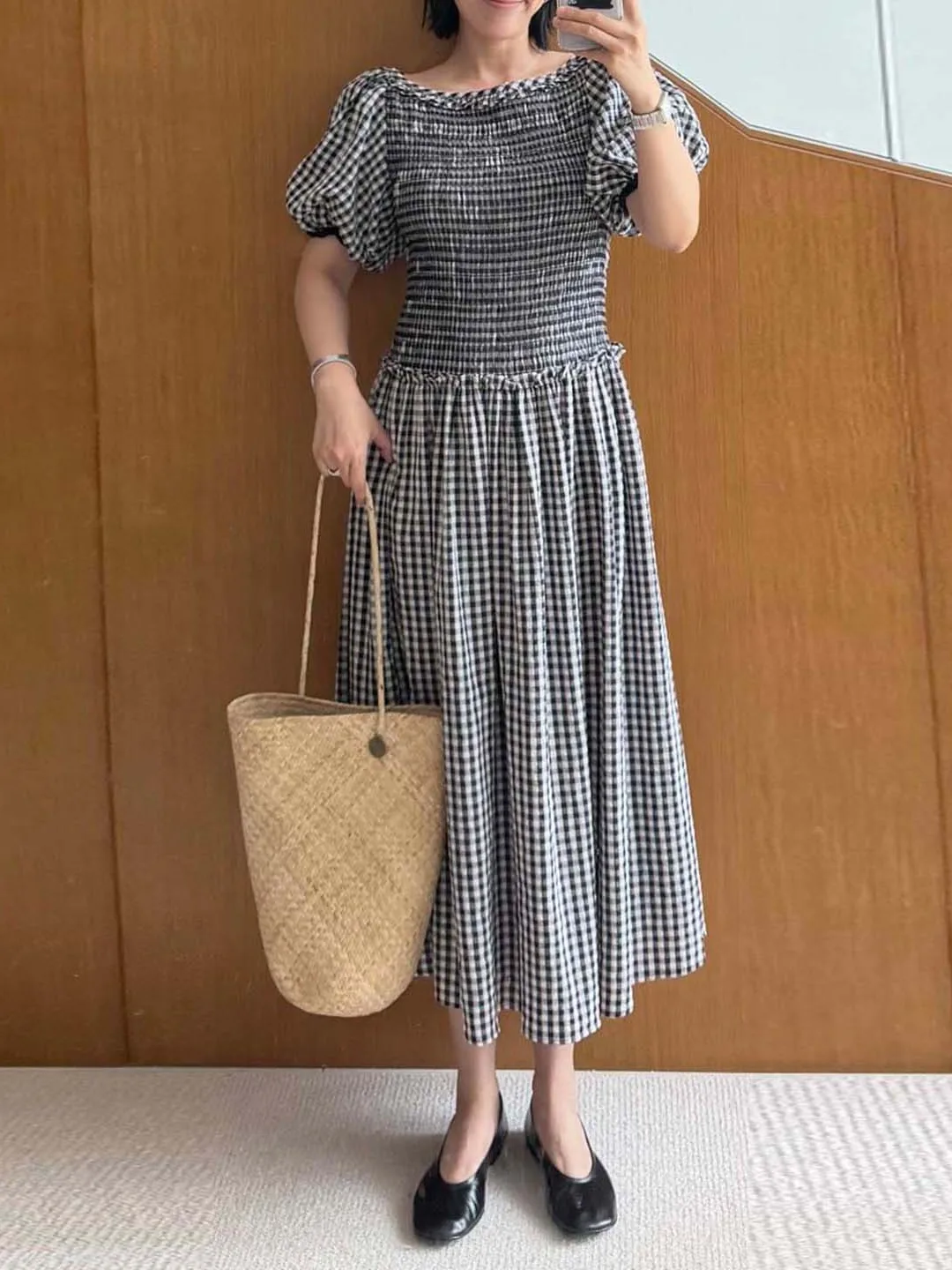 

Retro Blue White Plaid Bubble Sleeve Dress Women Summer Square Collar Drawstring Waist Slimming mid Length a Line Skirt