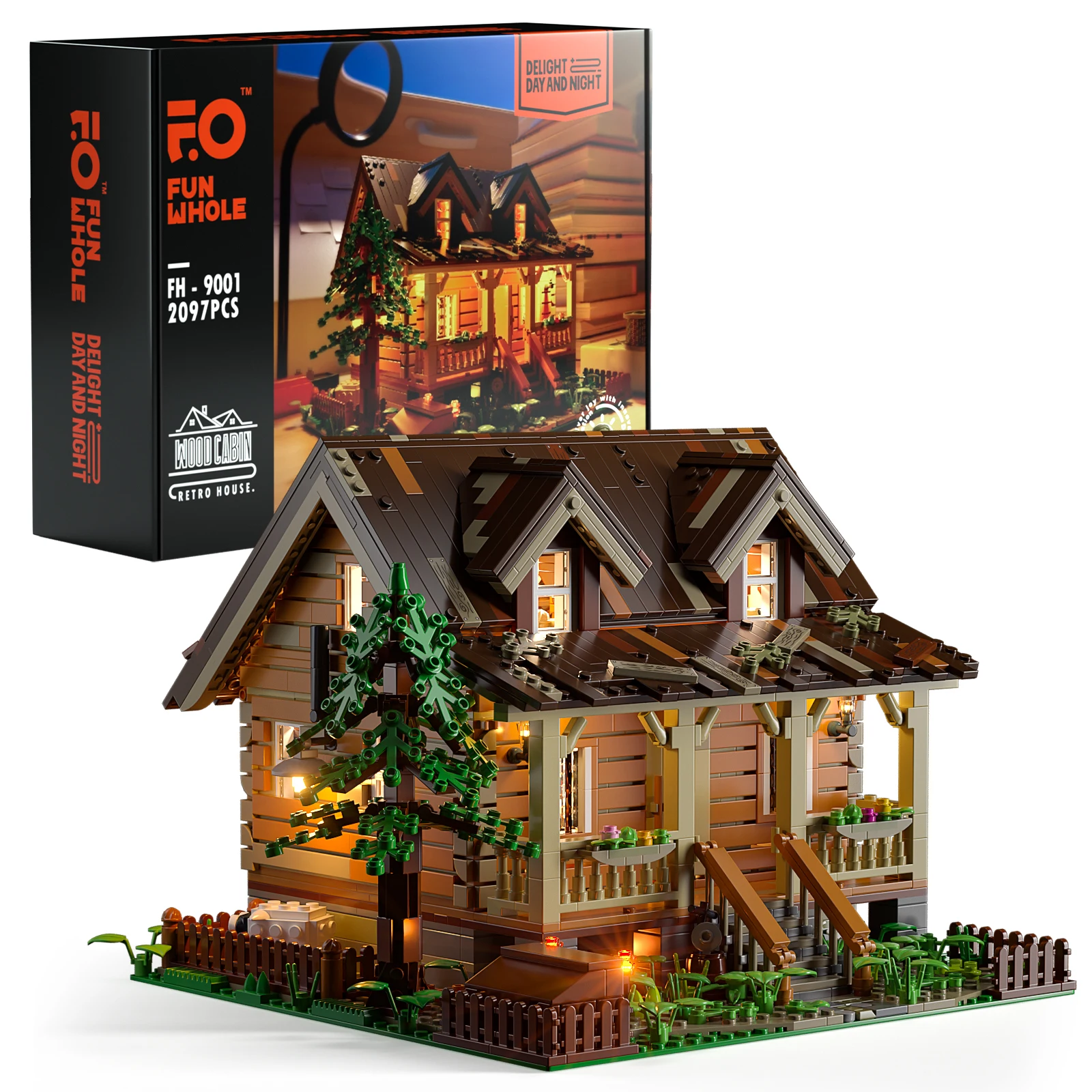 Funwhole Wood Cabin Set di blocchi modulari con Kit di luci a LED mattoni modello 2097 pezzi giocattoli da costruzione per bambini e adulti