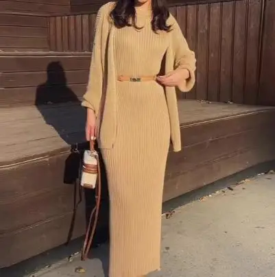 

Autumn Winter Casual round Neck Slim Fit Cardigan Lazy Style Knitted Suit Skirt Set for Women Comfortable Warmth Fashion