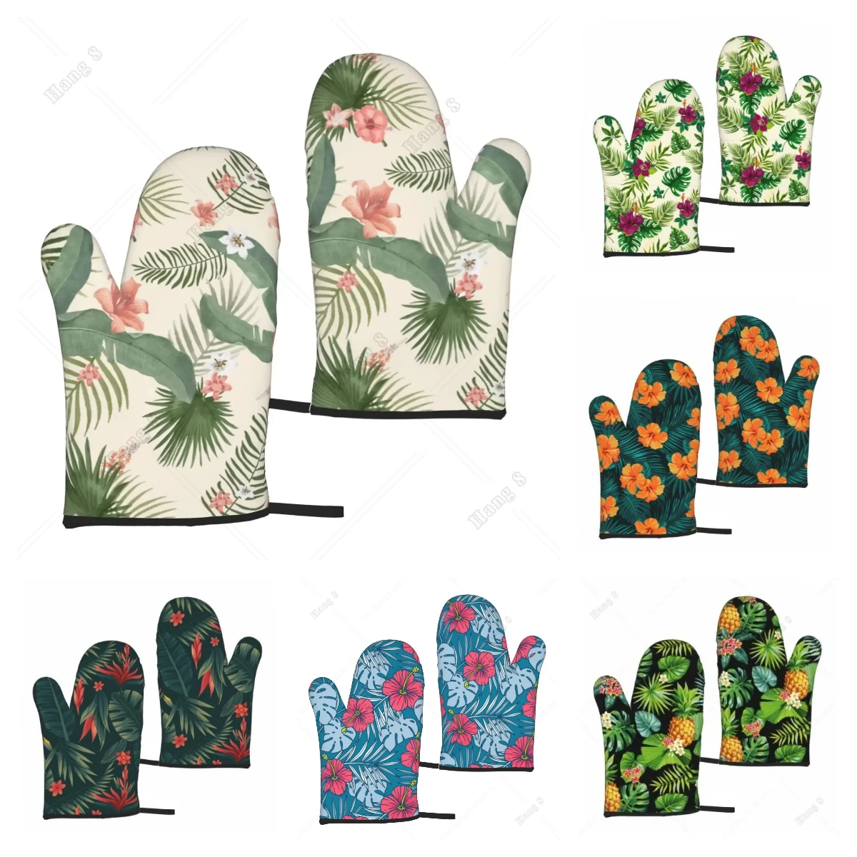 Hawaii Hibiscus Flowers Palm Oven Mitts 2pc Heat Resistant Gloves Kitchen Decor Set for Cooking Baking Cooking Grilling