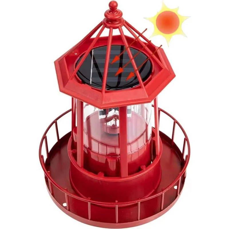 LED Solar Powered Lighthouse, 360 Degree Rotating Lamp Courtyard Decoration Waterproof Garden Towers Statue Lights A