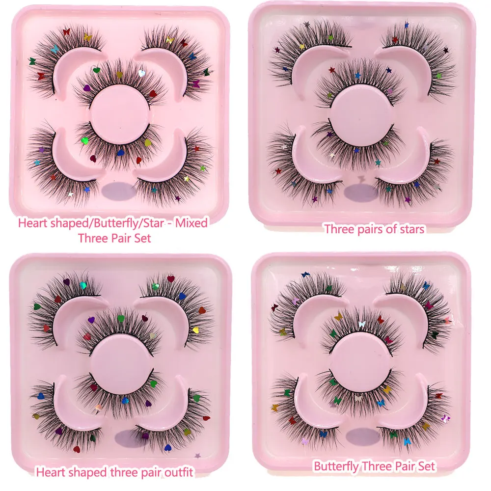 3 ペアセットスター蝶ハート型スパンコールつけまつげ妖精の杖パーティーハロウィンクリスマスカラフルなスパンコールまつげ