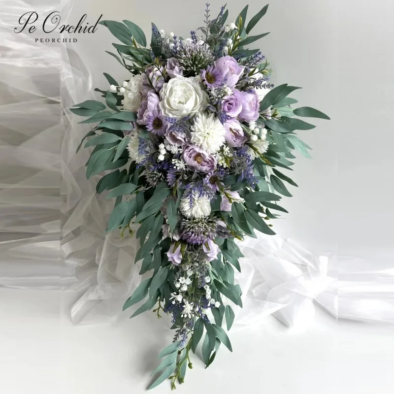 

PEORCHID Peony Roses Cascade Wedding Bouquet White Lavender Eucalyptus Waterfall Hand Bouquets Teardrop Artificial Silk Flowers