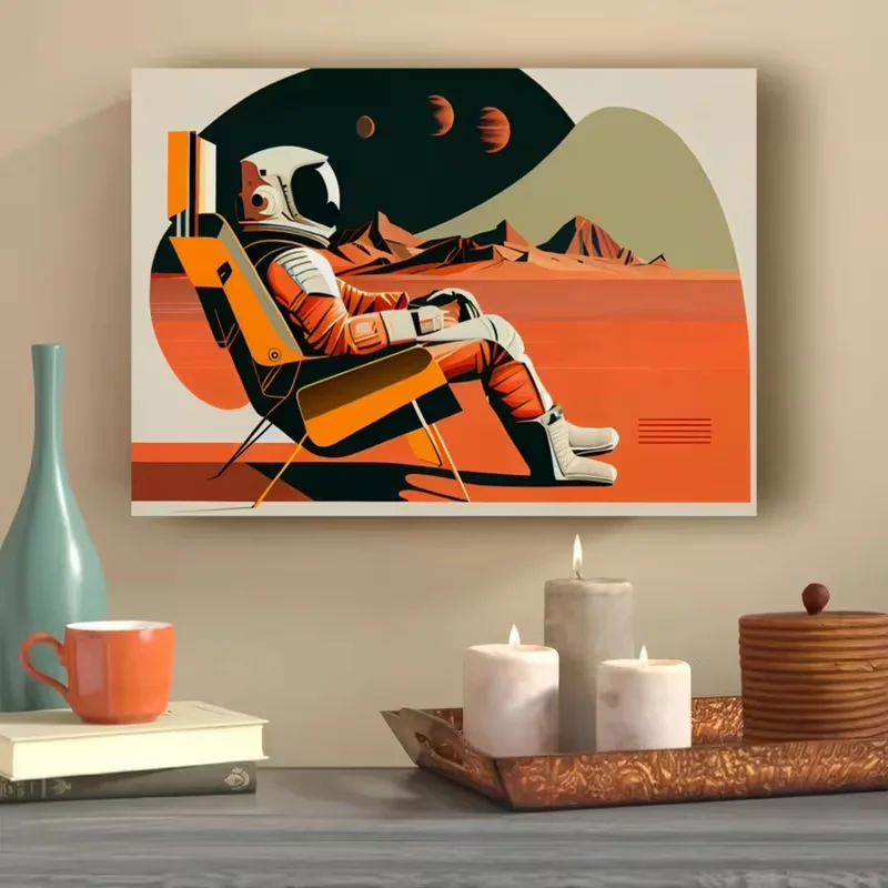 Mid Century Modern Astronaut Art Print Poster - Retro Space Exploration Landscape Canvas Wall Art - Frameless Transverse Art Dec