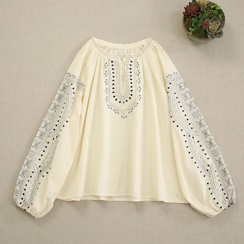 Spring New Ethnic Style Mori Girl Embroidery Cotton Shirt Women Half Open Collar Long Lantern Sleeve Casual Loose Tops