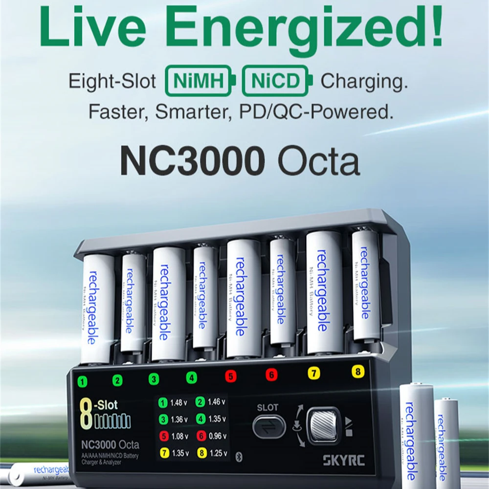 SKYRC NC3000 Octa AA/AAA NiMH/NiCD 8-slot Battery Charger Analyzer 65W PD Supports 7 Working Modes Bluetooth Mobile App Control