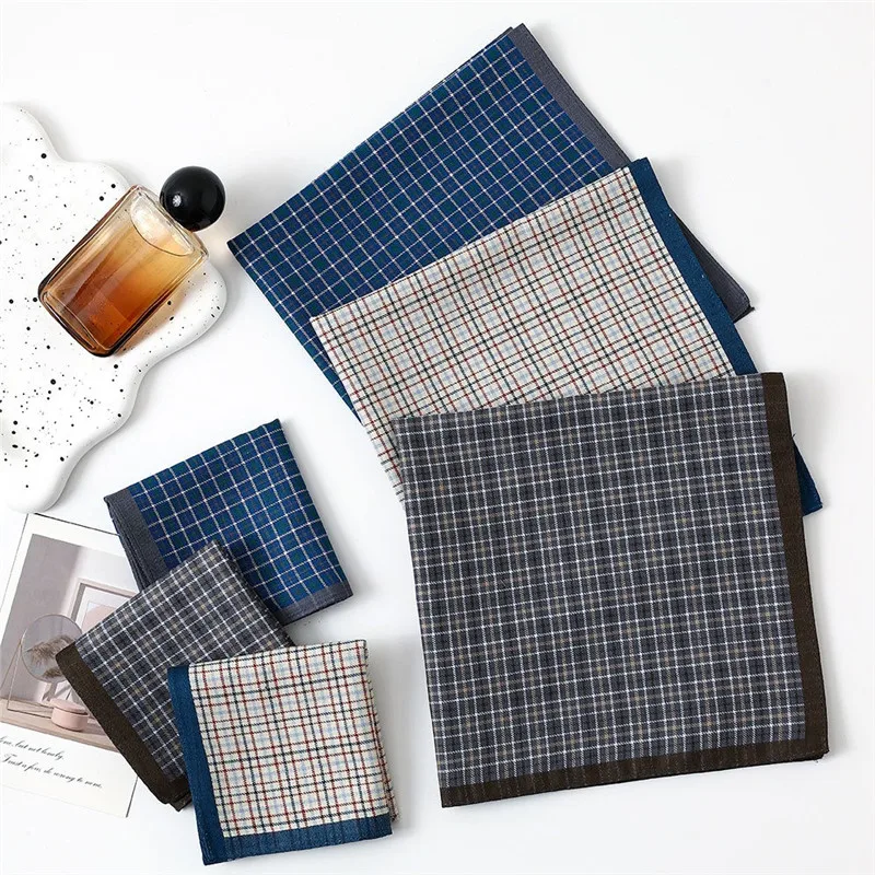 

3Pcs 43x43cm 100% Cotton Yarn Dyed Men Handkerchief Classic Soft Thin Plaid Water Absorbent Sweat Wiping Towels
