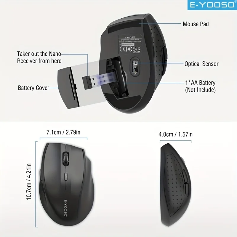 E-YOOSO Portable USB 2.4G Wireless Mouse Gaming Office Mouse 2400 DPI Ergonomic Suitable Laptop/PC/Computer Gift for Girlfriend