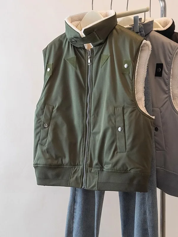 

Thiened Stand Collar Lamb Fur Vest Outerwear Winter Large Size plus Size Women's Loose oulder Pad Vest Top Fem