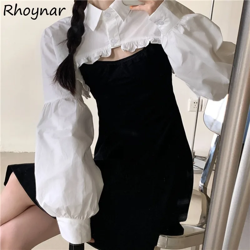 Dress Sets Women Korean Fashion Stylish Fungus Side Cropped Solid Turn-down Collar Slim Fit Retro Daily Leisure Hotsweet Summer